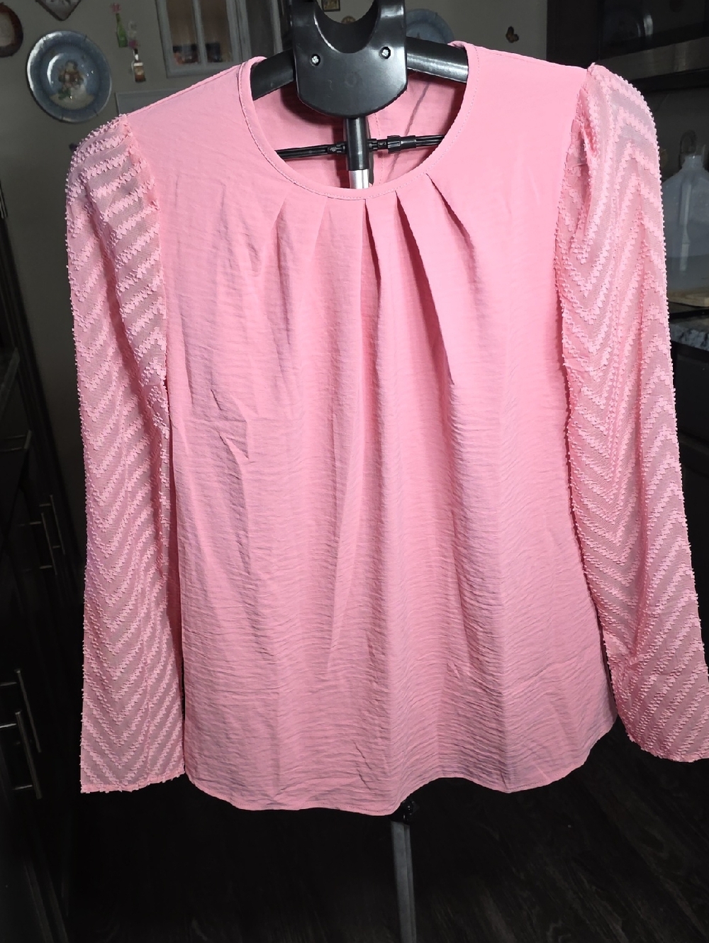 Soft Pink Pleated Front Blouse with Textured Sleeves
